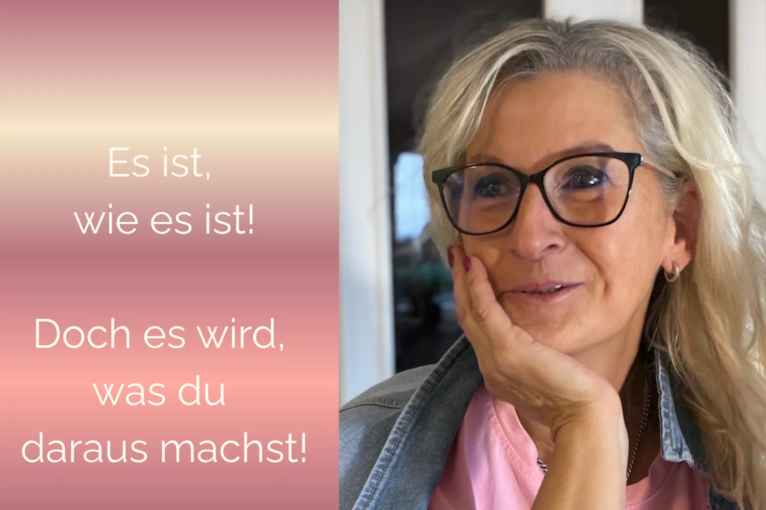 Karin schaut nach links, mit der rechten Hand ihren Kopf stützend