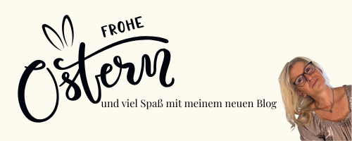 Bild mit Karin, sie neigt den Kopf. Text Frohe Ostern und viel Spaß mit dem neuen Blog.