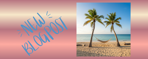 Neuer Blogpost als Text und Bild mit 2 Palmen, Hängematte, Meer und blauer Himmel im Hintergrund